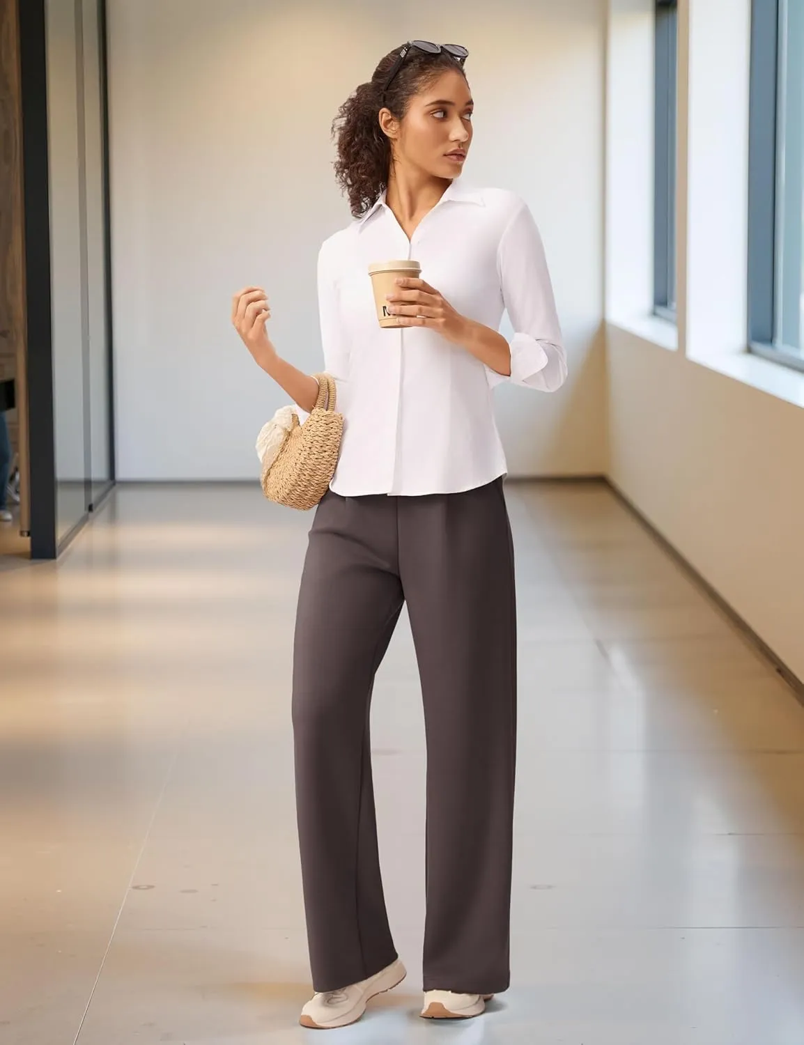 Wide Leg Pants for Women High Waist Relaxed Dress Pants with Pockets 30"