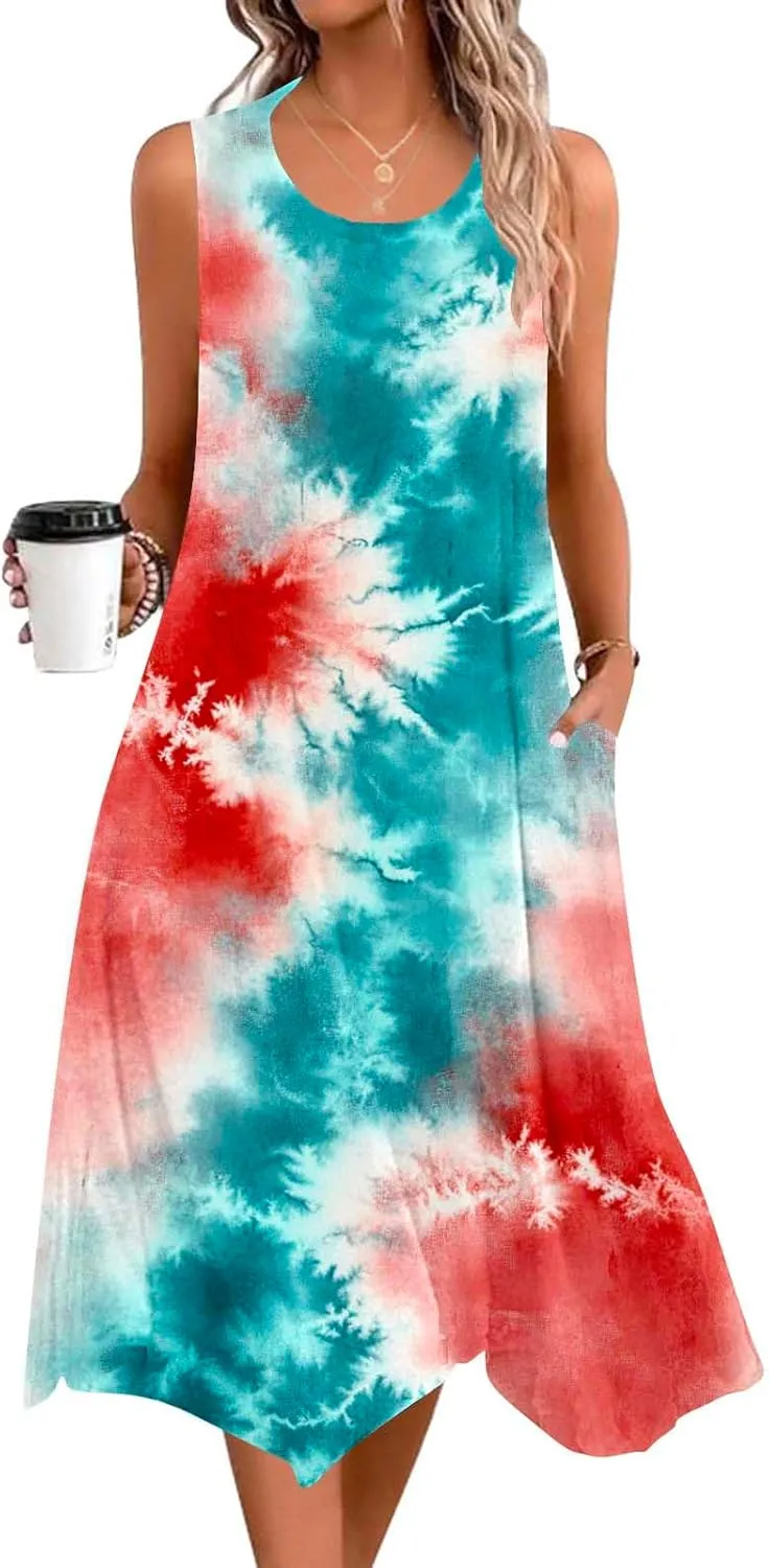 Women Casual Dress Summer Tank Dresses Loose Flowy Beach Dress with Pocket Hankerchief Flare Flowy Midi Sundress 2025