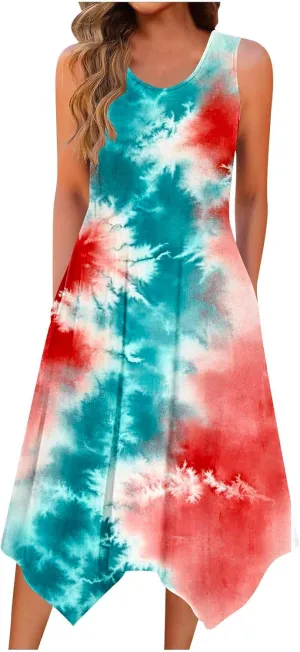 Women Casual Dress Summer Tank Dresses Loose Flowy Beach Dress with Pocket Hankerchief Flare Flowy Midi Sundress 2025