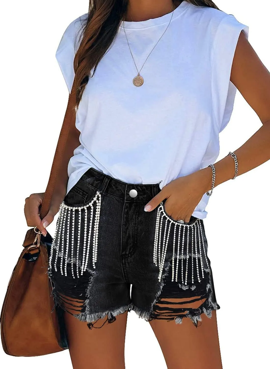 Women Mid Rise Ripped Jean Shorts Casual Stretchy Denim Shorts Frayed Raw Hem