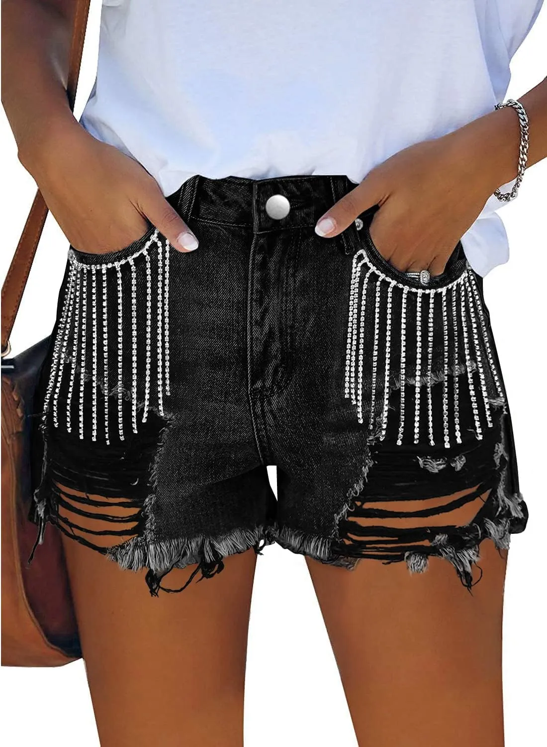 Women Mid Rise Ripped Jean Shorts Casual Stretchy Denim Shorts Frayed Raw Hem