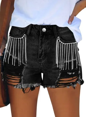 Women Mid Rise Ripped Jean Shorts Casual Stretchy Denim Shorts Frayed Raw Hem