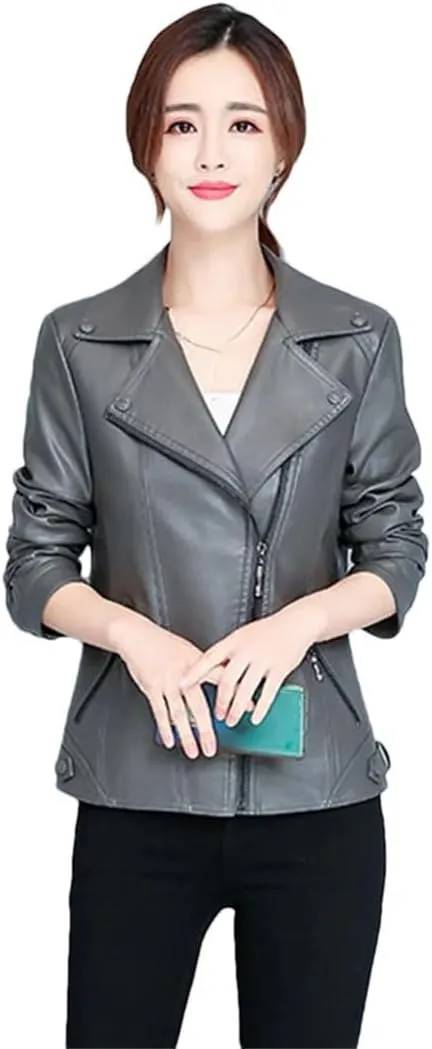 Women Short Notch Lapel Collar Asymmetric Zipper Leather Jacket For Autumn-Winter Fashion Slim Moto Leather Jackets