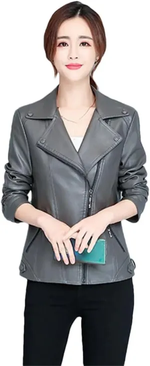 Women Short Notch Lapel Collar Asymmetric Zipper Leather Jacket For Autumn-Winter Fashion Slim Moto Leather Jackets