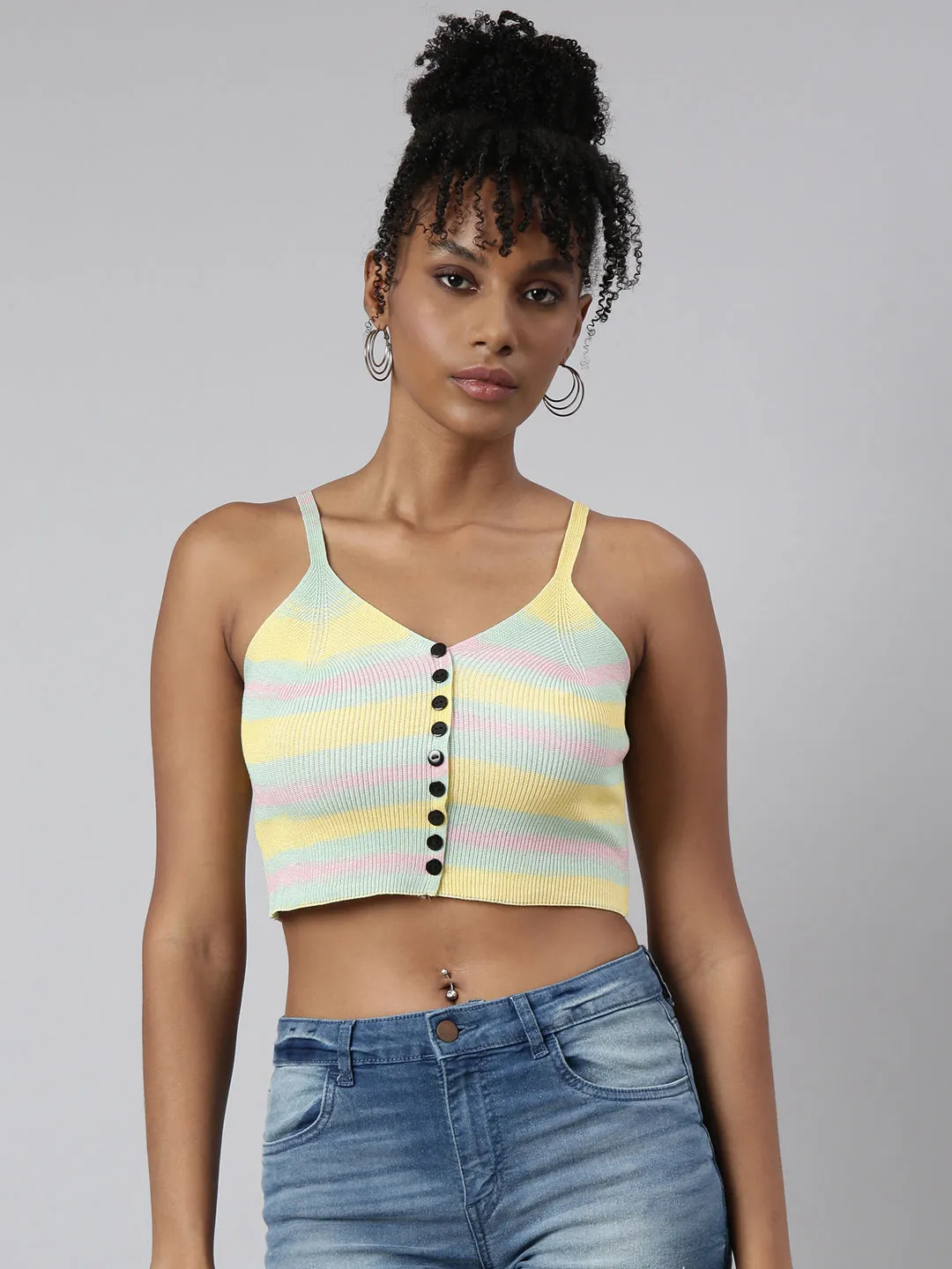 Women Yellow Horizontal Stripes Bralette Crop Top