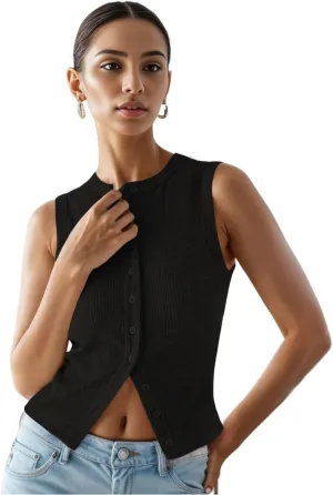 Womens Button Down Tank Tops Ribbed Summer Vest Button Up Open Front Sleeveless Slim Fit Crop Going Out Tops