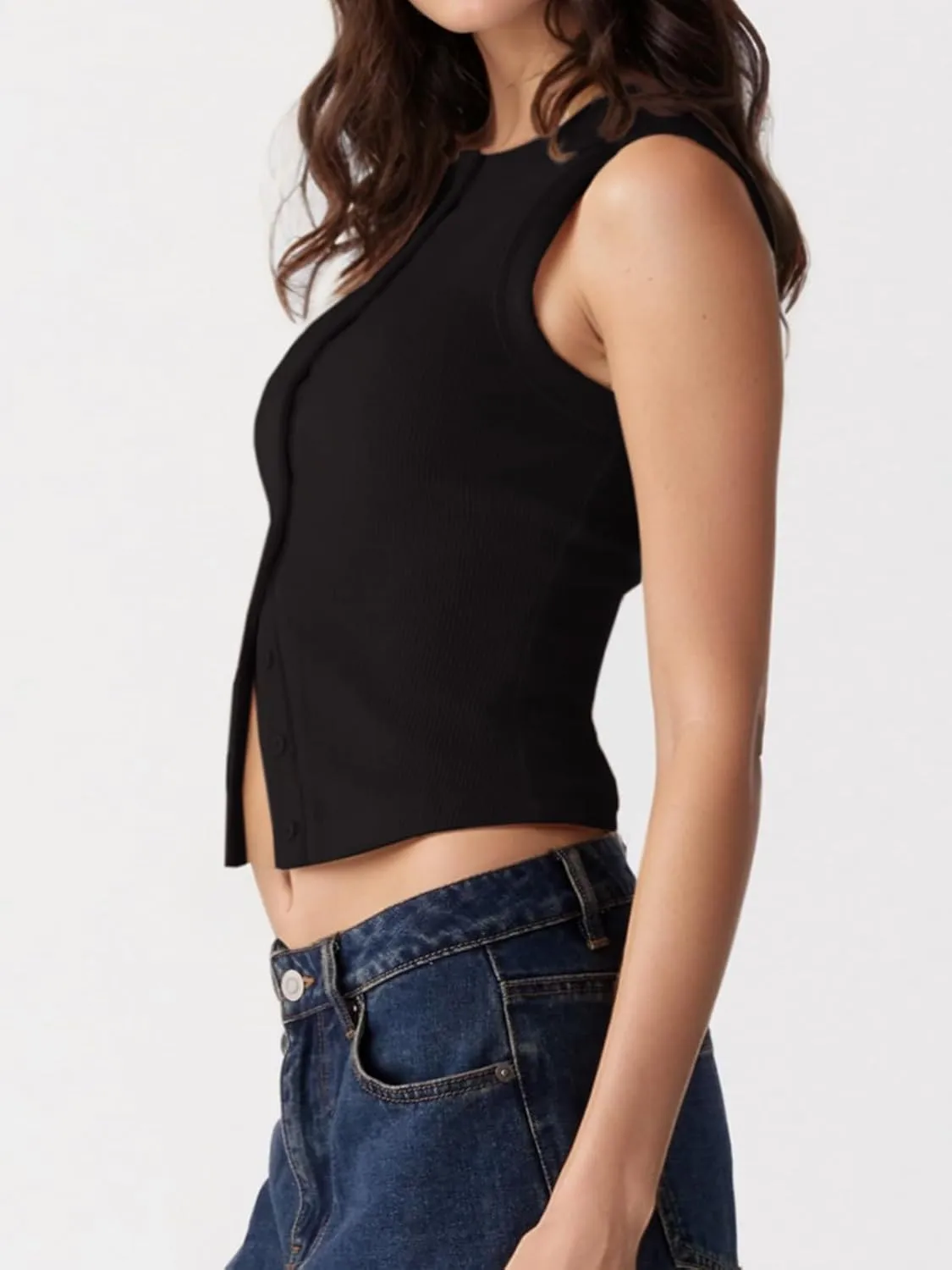 Womens Button Down Tank Tops Ribbed Summer Vest Button Up Open Front Sleeveless Slim Fit Crop Going Out Tops