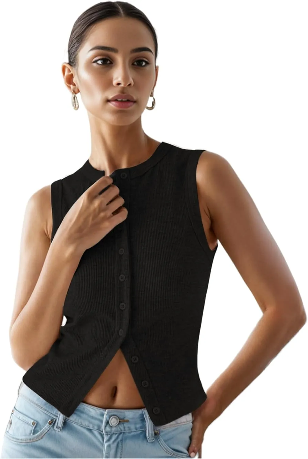 Womens Button Down Tank Tops Ribbed Summer Vest Button Up Open Front Sleeveless Slim Fit Crop Going Out Tops