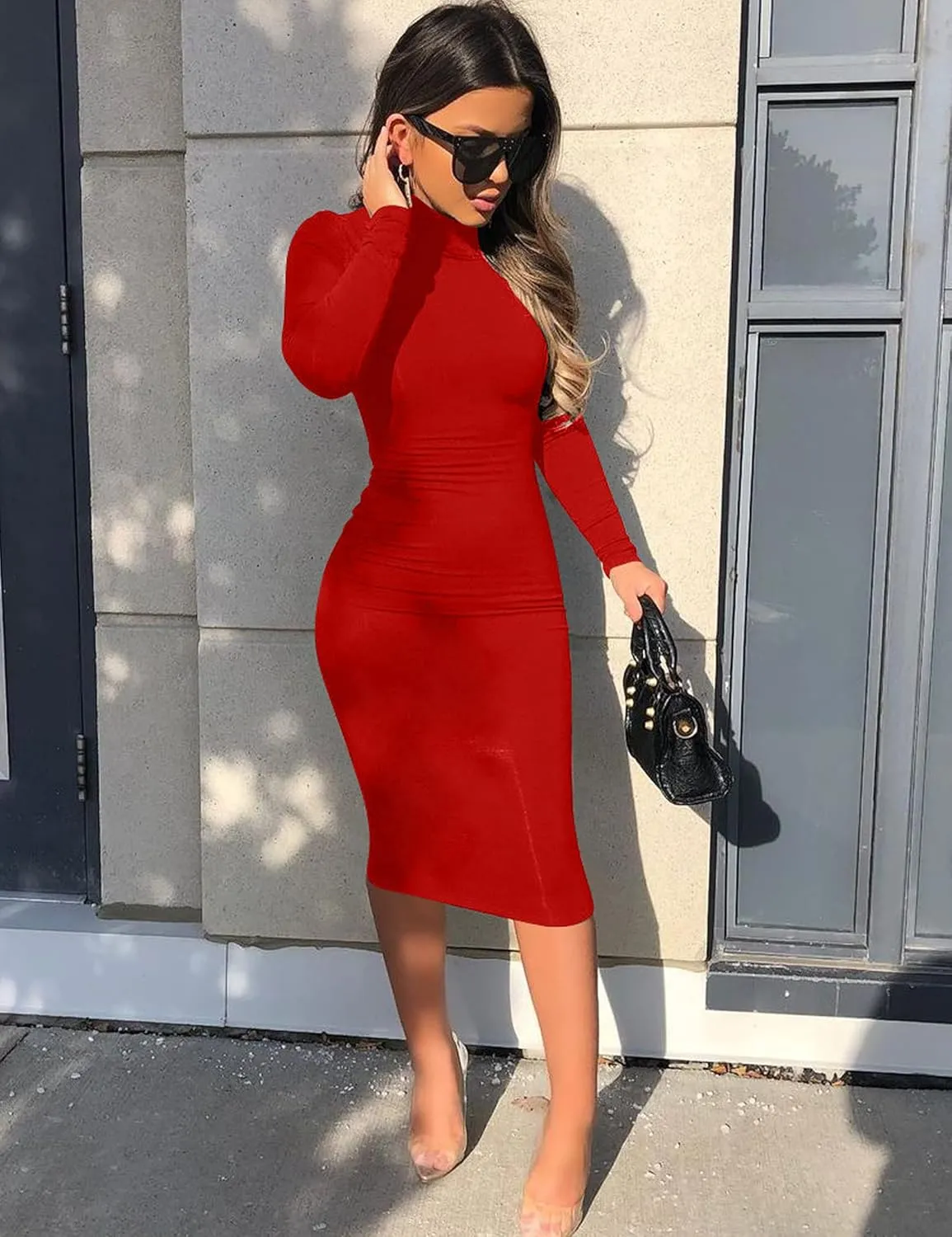 Women's Casual Long Sleeve Bodycon Sexy Turtleneck Midi Club Party Pencil Dresses