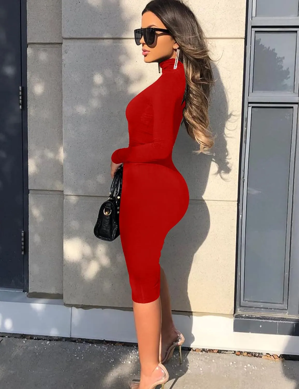 Women's Casual Long Sleeve Bodycon Sexy Turtleneck Midi Club Party Pencil Dresses