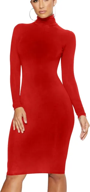 Women's Casual Long Sleeve Bodycon Sexy Turtleneck Midi Club Party Pencil Dresses