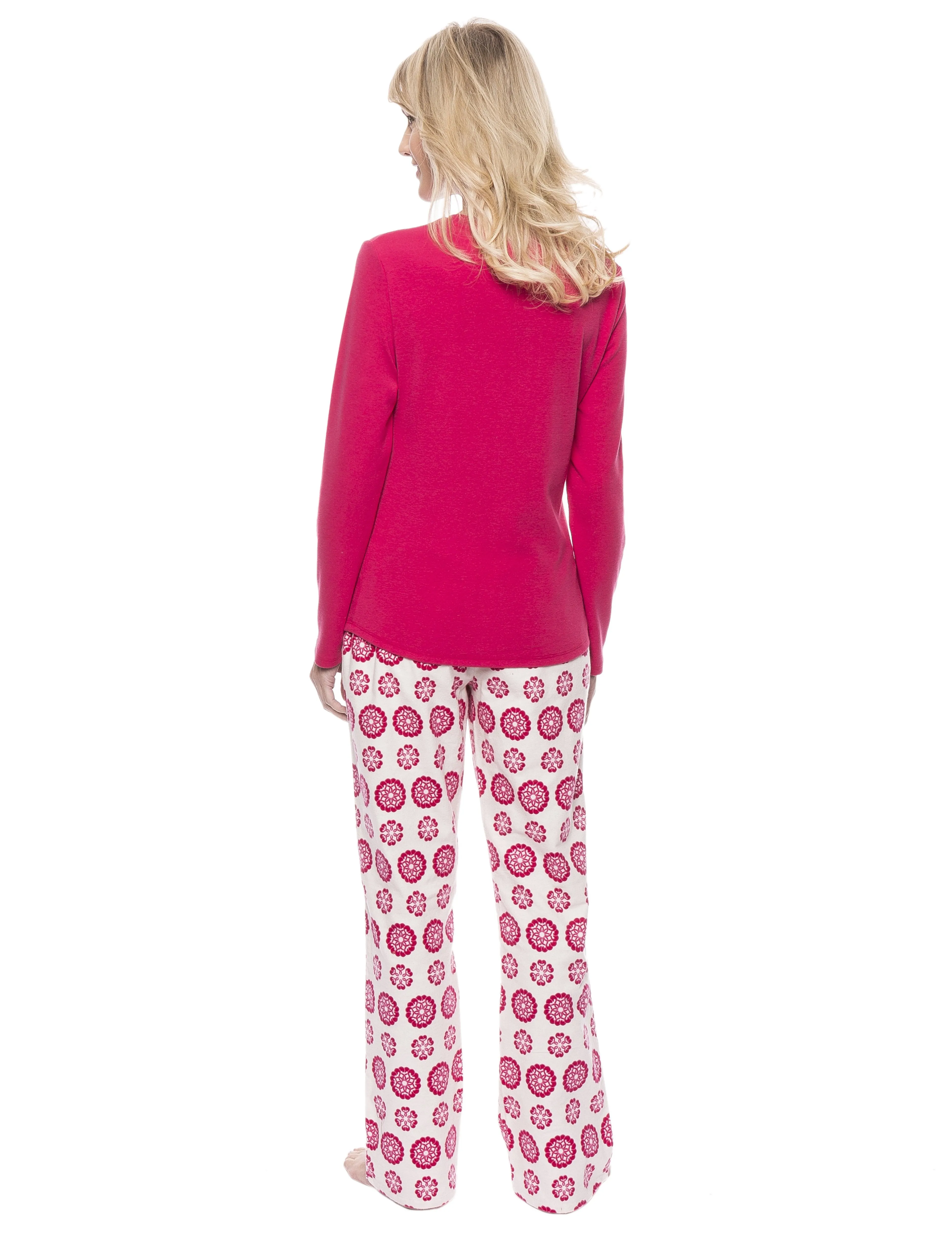 Womens Cotton Flannel Lounge Set with Henley Top - Mandala Cream/Red