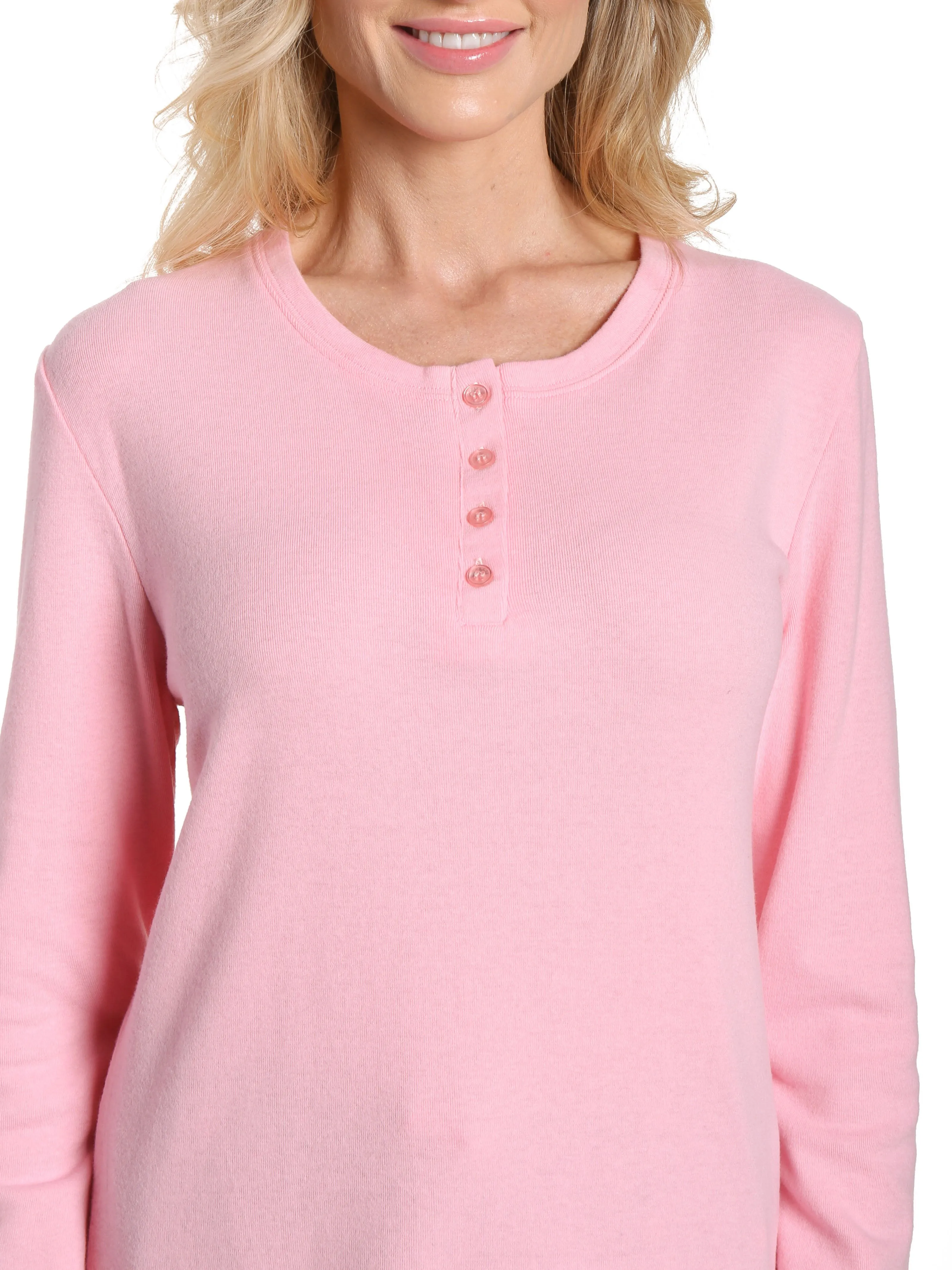 Womens Cotton Flannel Lounge Set with Henley Top - Polka Medley Gray-Pink