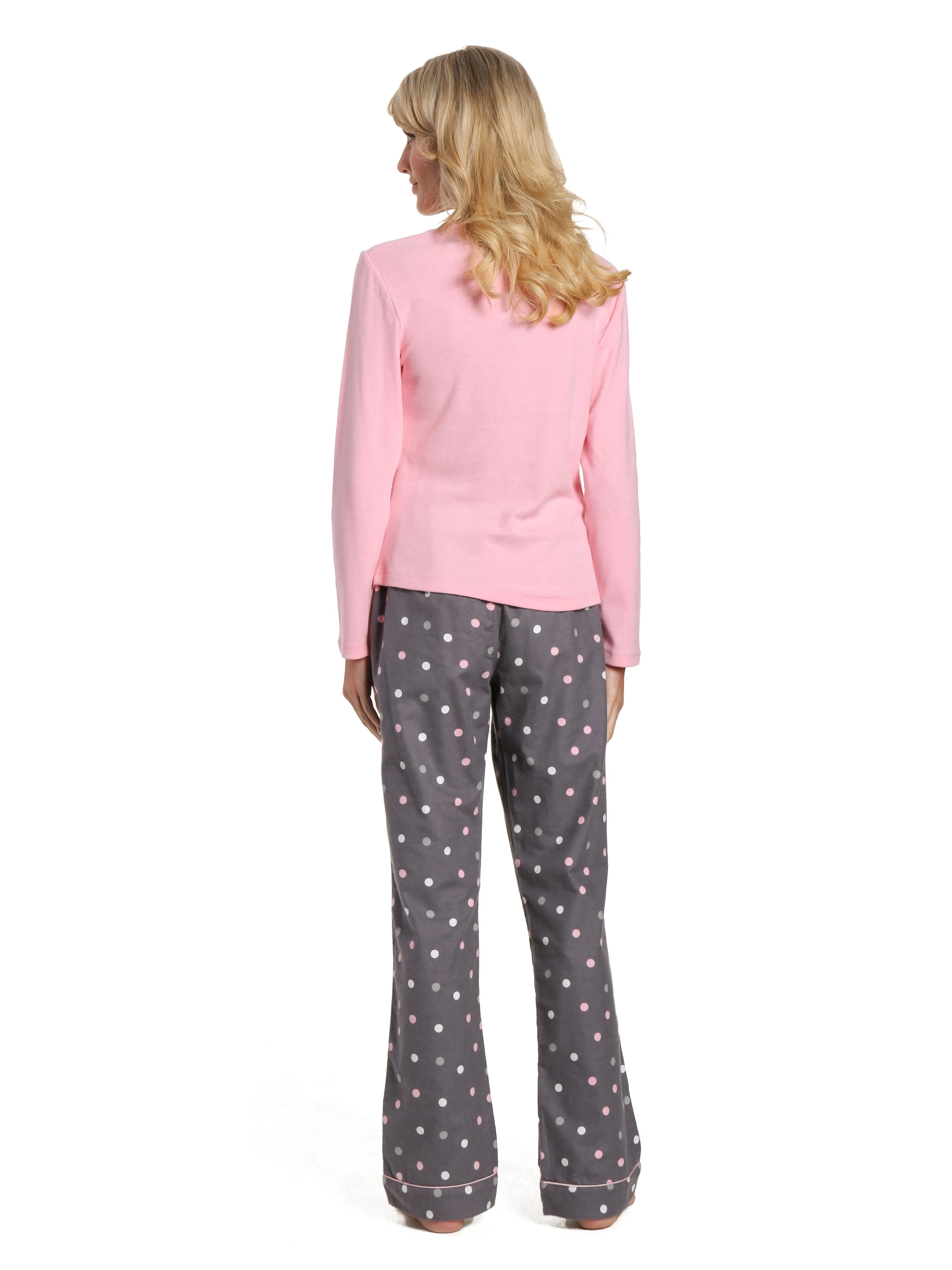 Womens Cotton Flannel Lounge Set with Henley Top - Polka Medley Gray-Pink