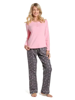 Womens Cotton Flannel Lounge Set with Henley Top - Polka Medley Gray-Pink