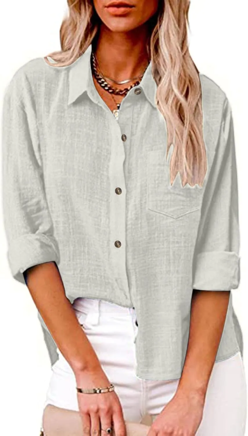 Womens Cotton Linen Button Down Tops 2025 Summer Casual Loose Long Sleeve Lightweight Solid Color Work T Shirts with Pockets