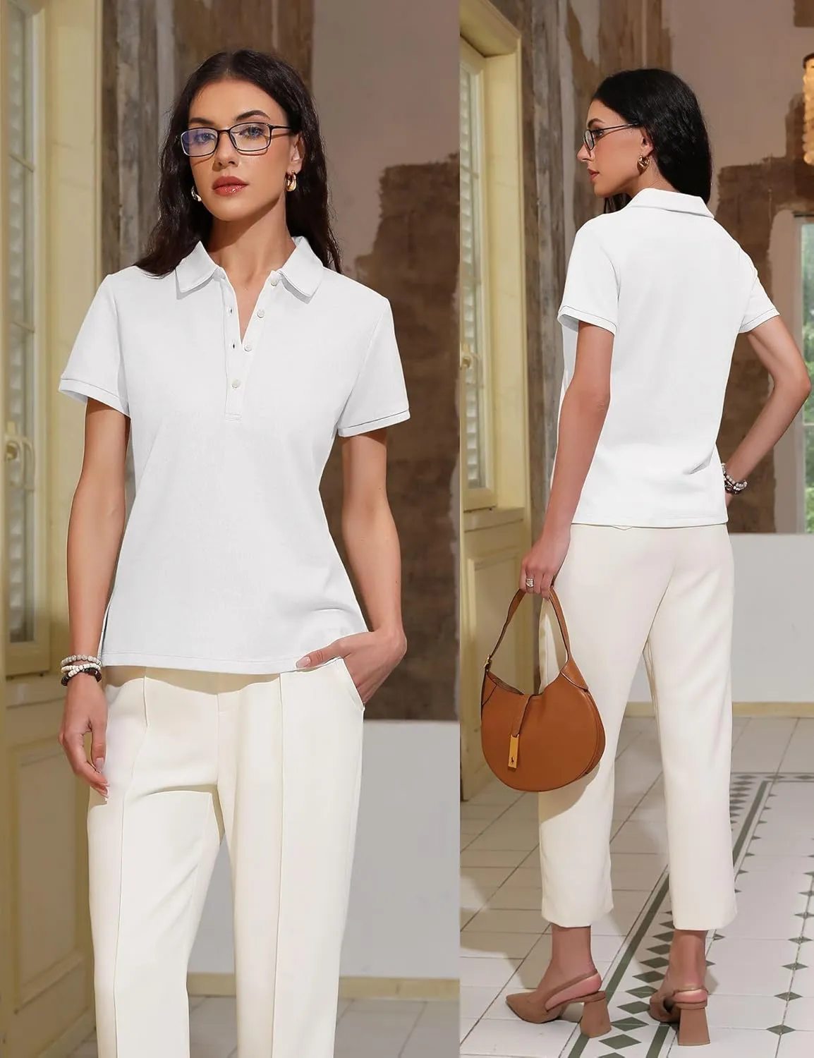 Womens Polo Shirts Summer Business Casual Work Tops Short Sleeve Button Down Collared V Neck Golf Blouse T-Shirt