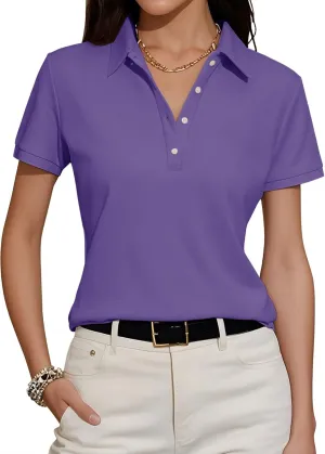 Womens Polo Shirts Summer Business Casual Work Tops Short Sleeve Button Down Collared V Neck Golf Blouse T-Shirt
