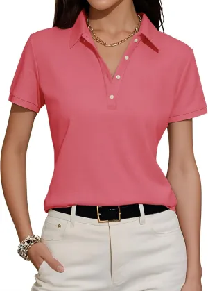 Womens Polo Shirts Summer Business Casual Work Tops Short Sleeve Button Down Collared V Neck Golf Blouse T-Shirt
