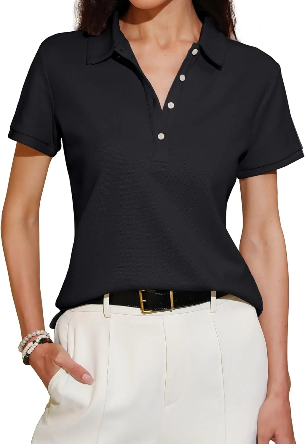 Womens Polo Shirts Summer Business Casual Work Tops Short Sleeve Button Down Collared V Neck Golf Blouse T-Shirt