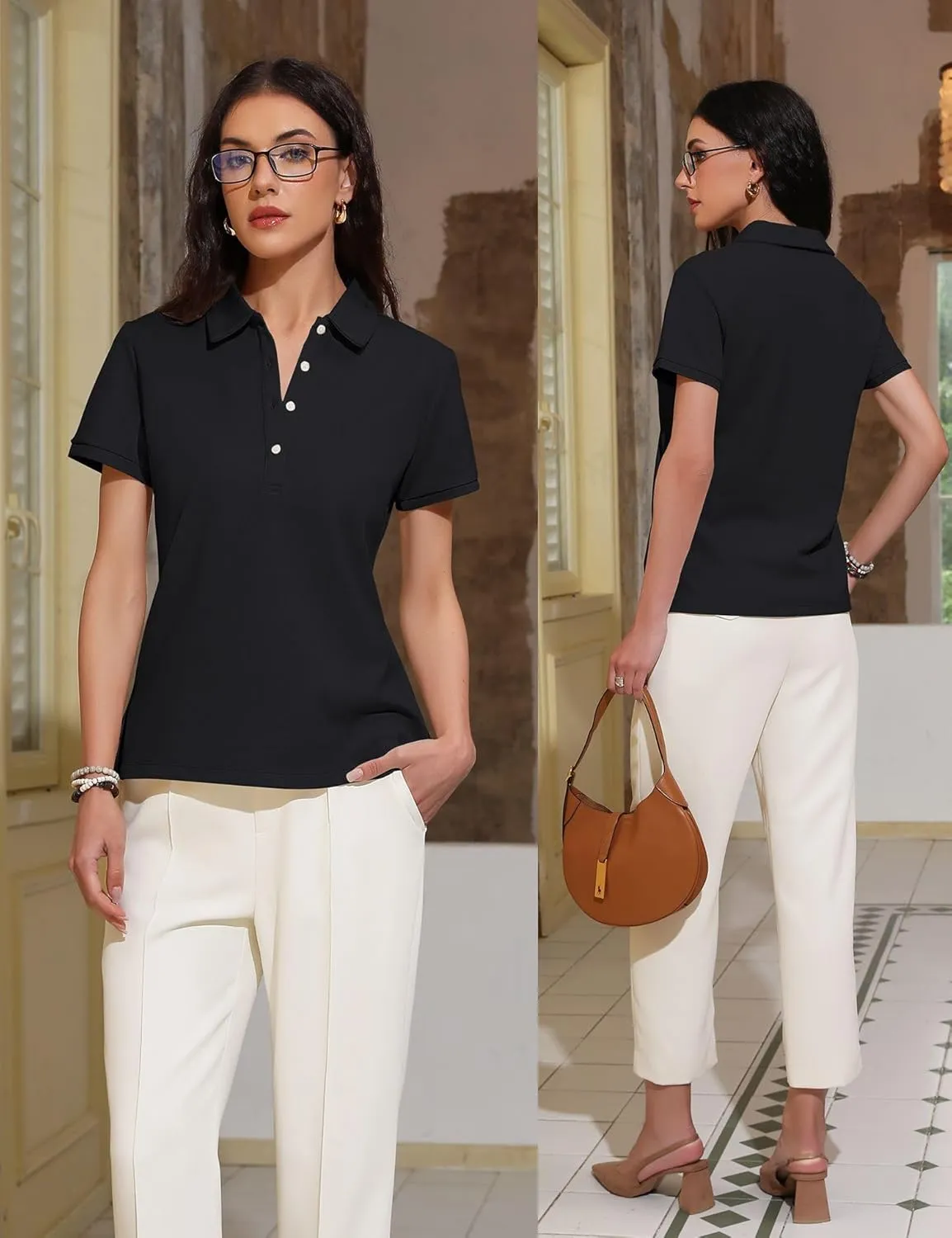 Womens Polo Shirts Summer Business Casual Work Tops Short Sleeve Button Down Collared V Neck Golf Blouse T-Shirt
