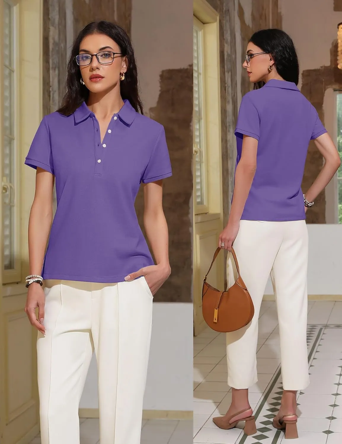Womens Polo Shirts Summer Business Casual Work Tops Short Sleeve Button Down Collared V Neck Golf Blouse T-Shirt