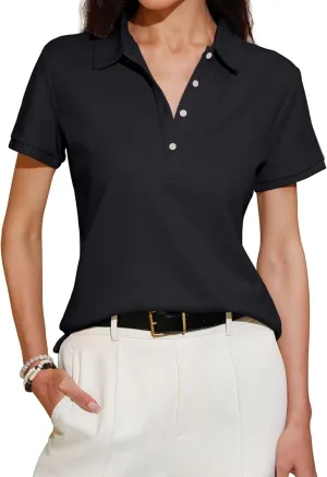 Womens Polo Shirts Summer Business Casual Work Tops Short Sleeve Button Down Collared V Neck Golf Blouse T-Shirt