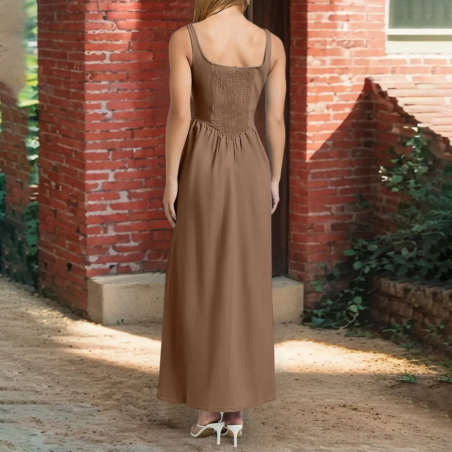 Womens Slip Maxi Dress Sexy Pleated Bodycon Dresses Sleeveless Square Neck Flowy Swing Long Dress 2025