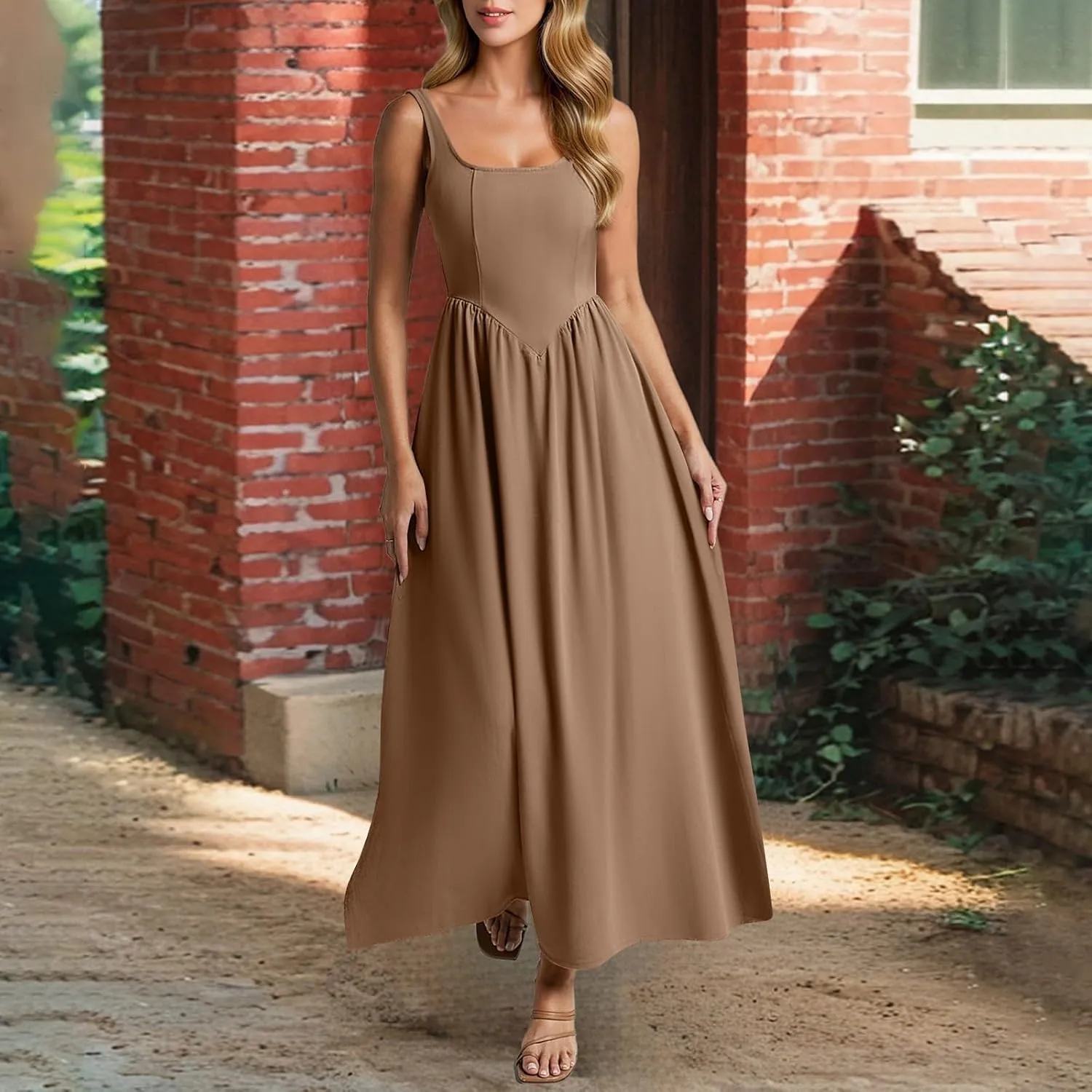 Womens Slip Maxi Dress Sexy Pleated Bodycon Dresses Sleeveless Square Neck Flowy Swing Long Dress 2025
