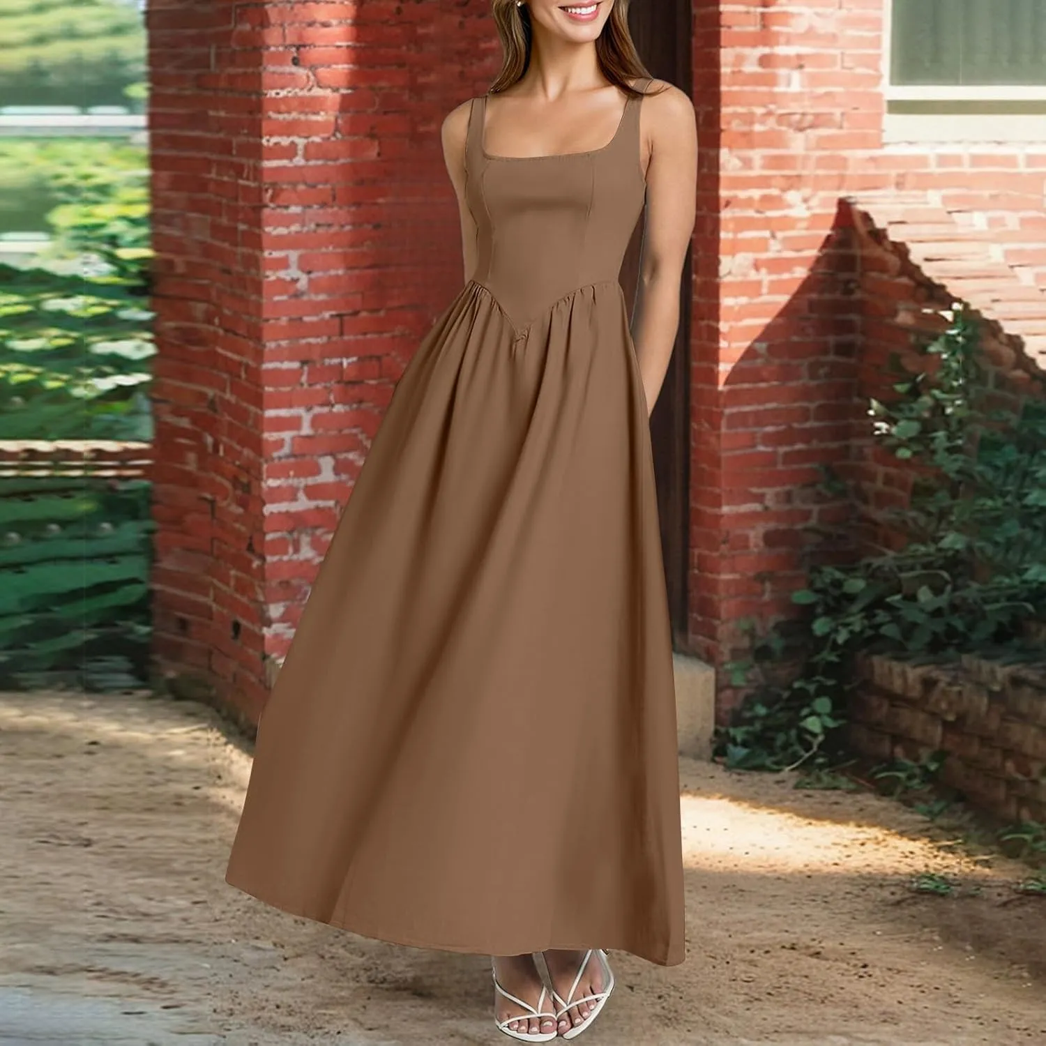 Womens Slip Maxi Dress Sexy Pleated Bodycon Dresses Sleeveless Square Neck Flowy Swing Long Dress 2025