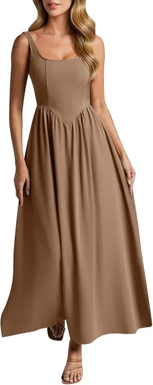 Womens Slip Maxi Dress Sexy Pleated Bodycon Dresses Sleeveless Square Neck Flowy Swing Long Dress 2025