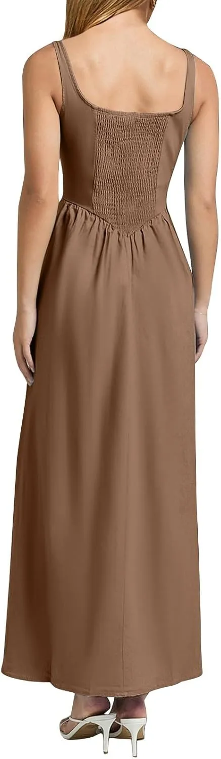 Womens Slip Maxi Dress Sexy Pleated Bodycon Dresses Sleeveless Square Neck Flowy Swing Long Dress 2025