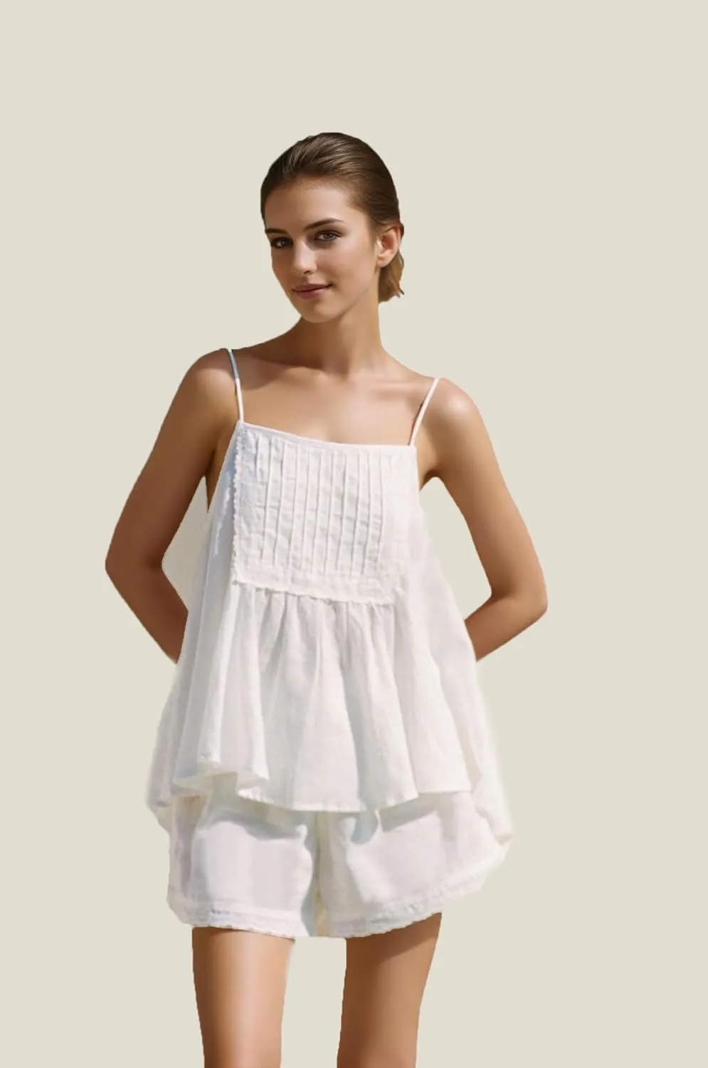 Womens Summer 2 Piece Set Sleeveless Tie Straps Ruffle Trim Top and Shorts Sets Soft Cozy Pajamas Set