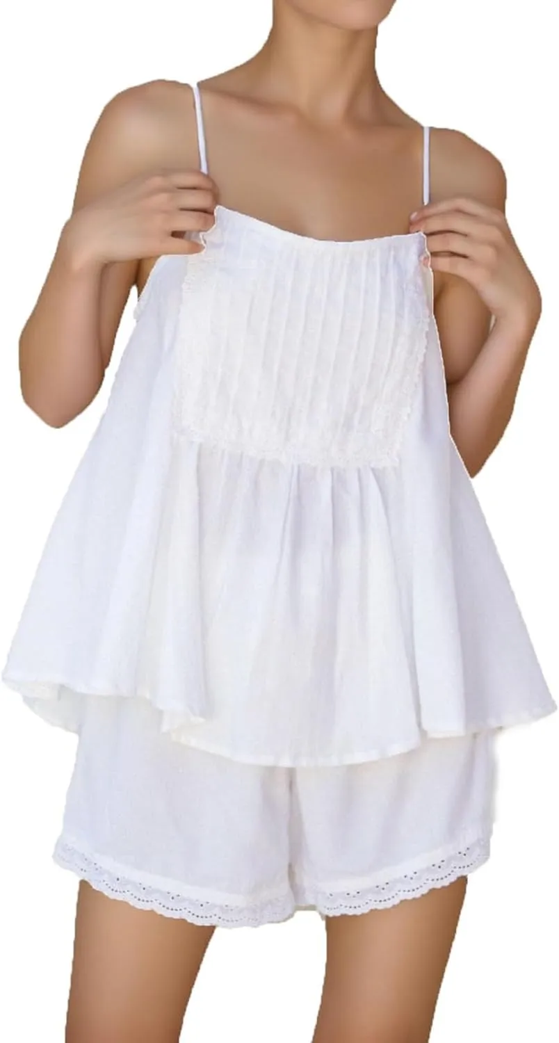 Womens Summer 2 Piece Set Sleeveless Tie Straps Ruffle Trim Top and Shorts Sets Soft Cozy Pajamas Set