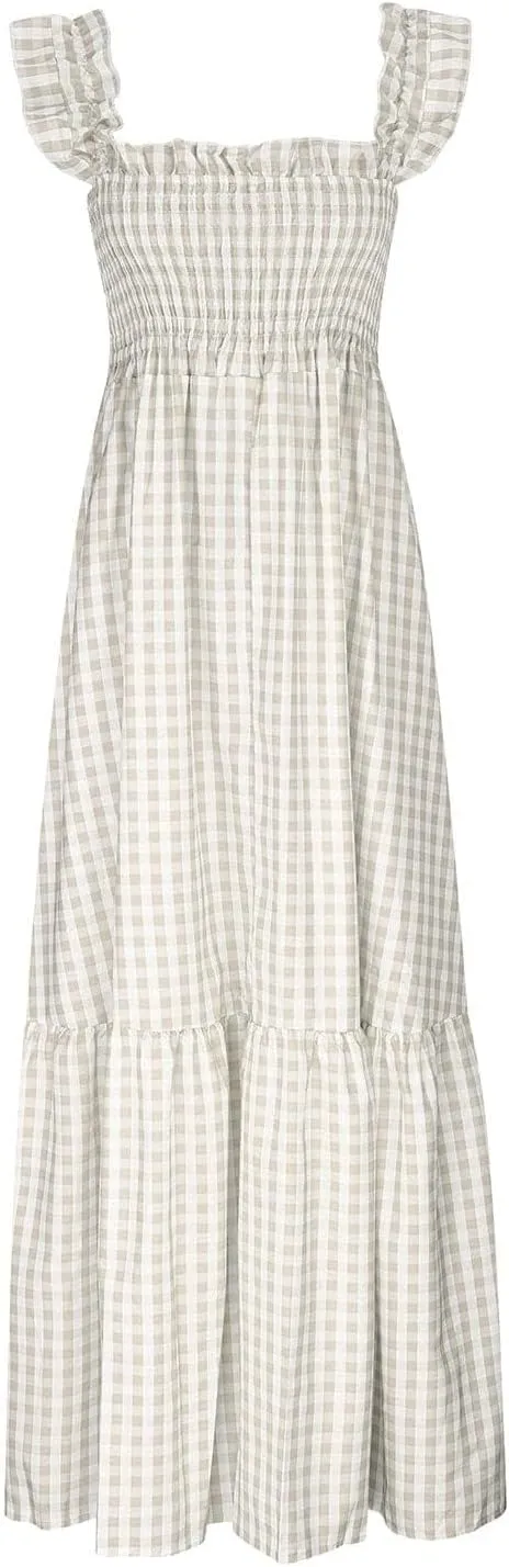 Womens Summer Dress Spaghetti Strap Maxi Dresses Casual Square Neck Gingham Smocked Flowy A Line Beach Sun Dresses