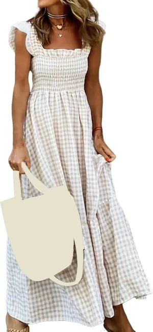 Womens Summer Dress Spaghetti Strap Maxi Dresses Casual Square Neck Gingham Smocked Flowy A Line Beach Sun Dresses