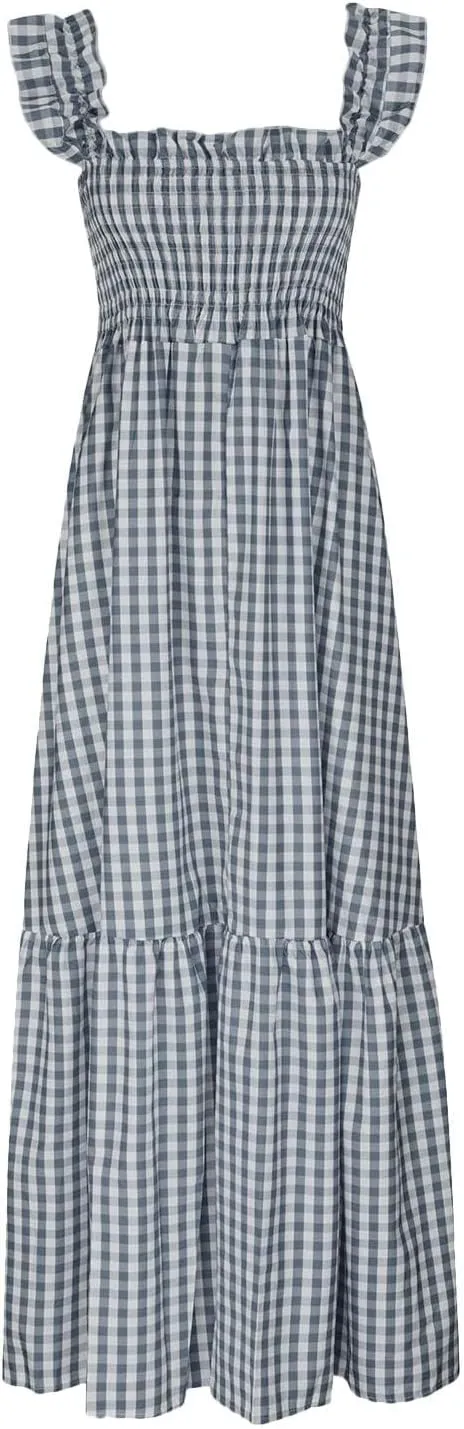 Womens Summer Dress Spaghetti Strap Maxi Dresses Casual Square Neck Gingham Smocked Flowy A Line Beach Sun Dresses