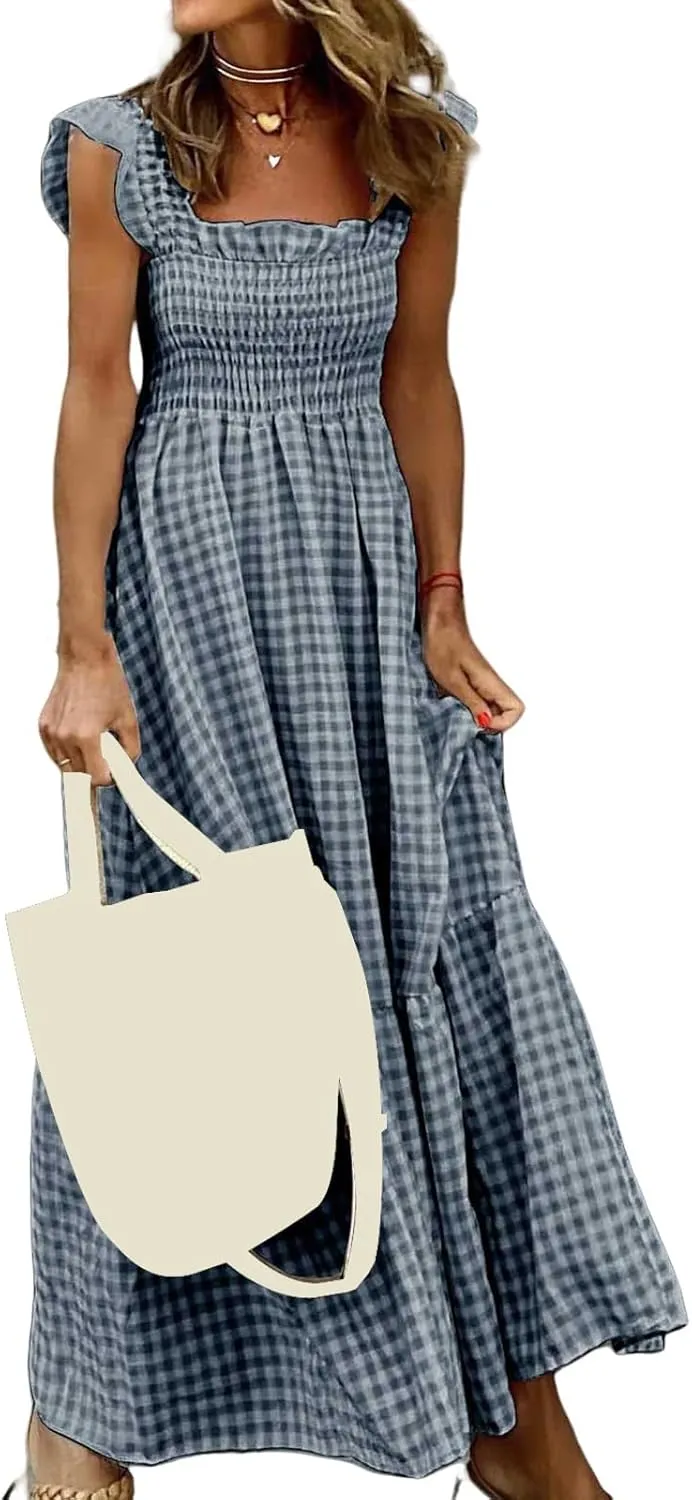 Womens Summer Dress Spaghetti Strap Maxi Dresses Casual Square Neck Gingham Smocked Flowy A Line Beach Sun Dresses