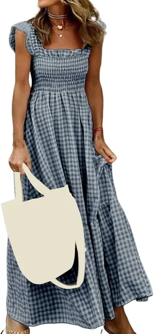 Womens Summer Dress Spaghetti Strap Maxi Dresses Casual Square Neck Gingham Smocked Flowy A Line Beach Sun Dresses