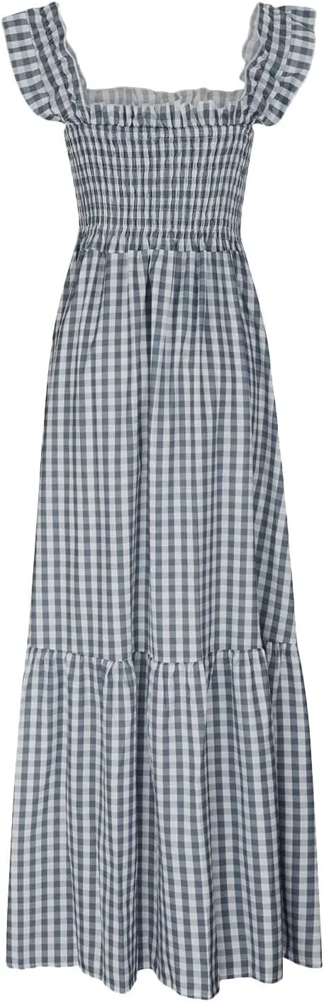 Womens Summer Dress Spaghetti Strap Maxi Dresses Casual Square Neck Gingham Smocked Flowy A Line Beach Sun Dresses