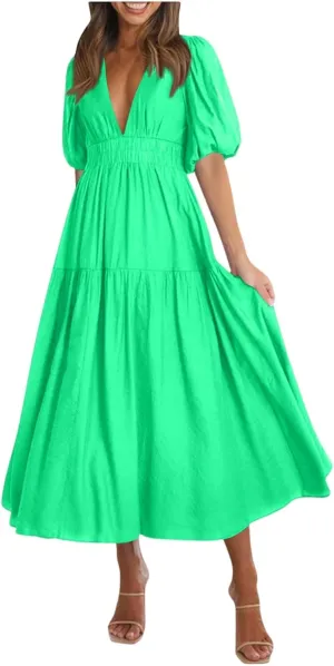 Womens Summer Dresses Trendy Plain Draped Dress Classy Fit and Flare Cinched Waist V Neck Vacation Beach Frock Resort A Line Puff Sleeve Daisy Floral A Line Daily White Sundress