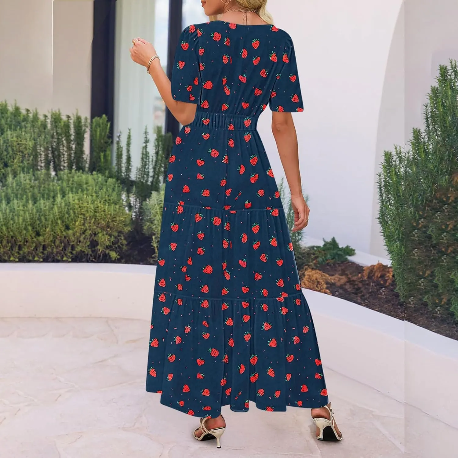 Womens Summer Floral Maxi Dress Boho Shoet Sleeve V Neck Elastic Waist A Line Elegant Flowy Dresses Vacation Clothes