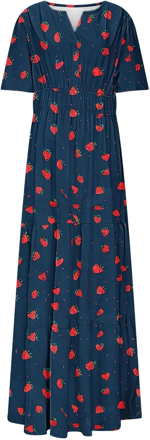 Womens Summer Floral Maxi Dress Boho Shoet Sleeve V Neck Elastic Waist A Line Elegant Flowy Dresses Vacation Clothes