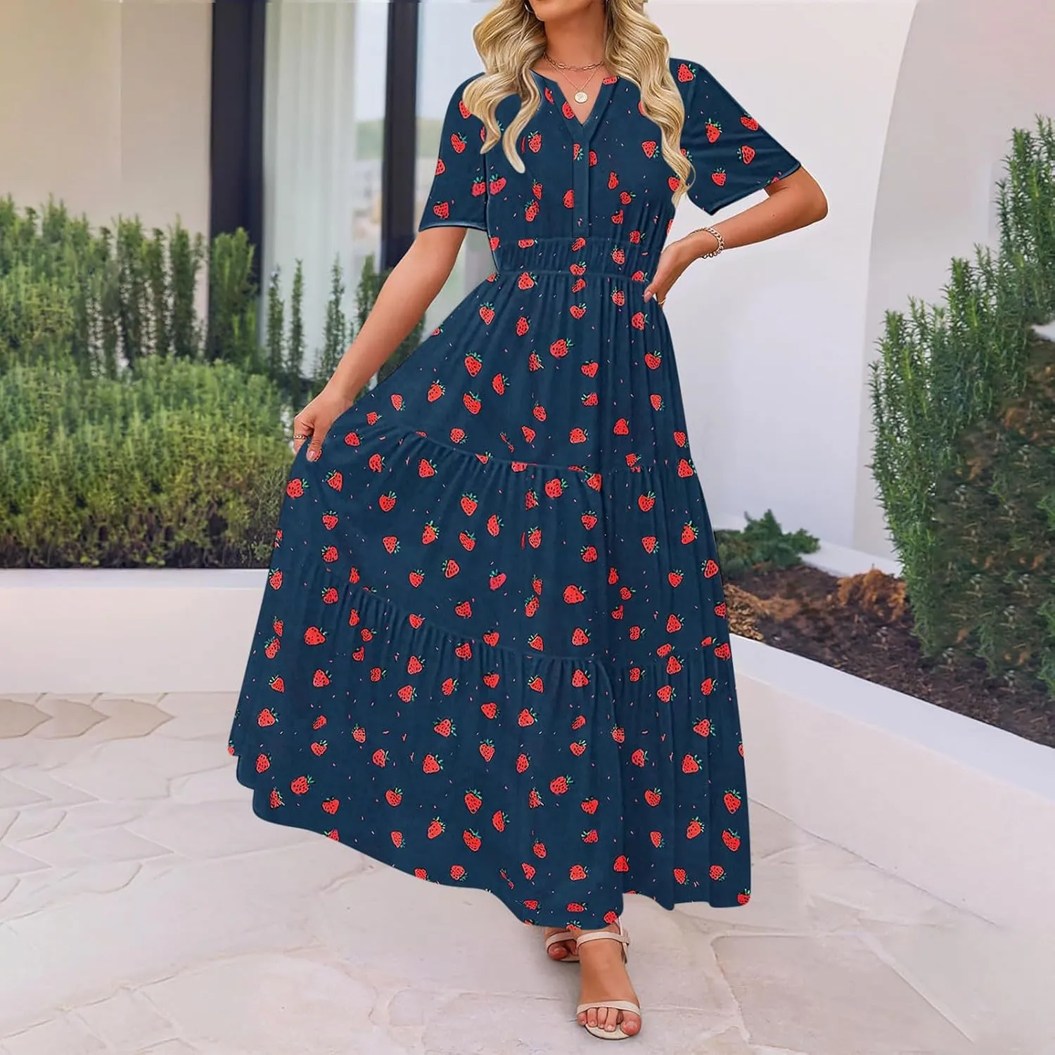 Womens Summer Floral Maxi Dress Boho Shoet Sleeve V Neck Elastic Waist A Line Elegant Flowy Dresses Vacation Clothes