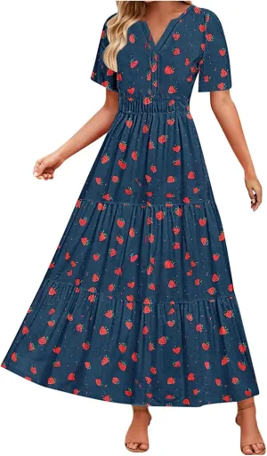 Womens Summer Floral Maxi Dress Boho Shoet Sleeve V Neck Elastic Waist A Line Elegant Flowy Dresses Vacation Clothes