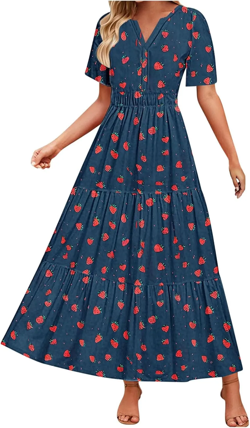Womens Summer Floral Maxi Dress Boho Shoet Sleeve V Neck Elastic Waist A Line Elegant Flowy Dresses Vacation Clothes