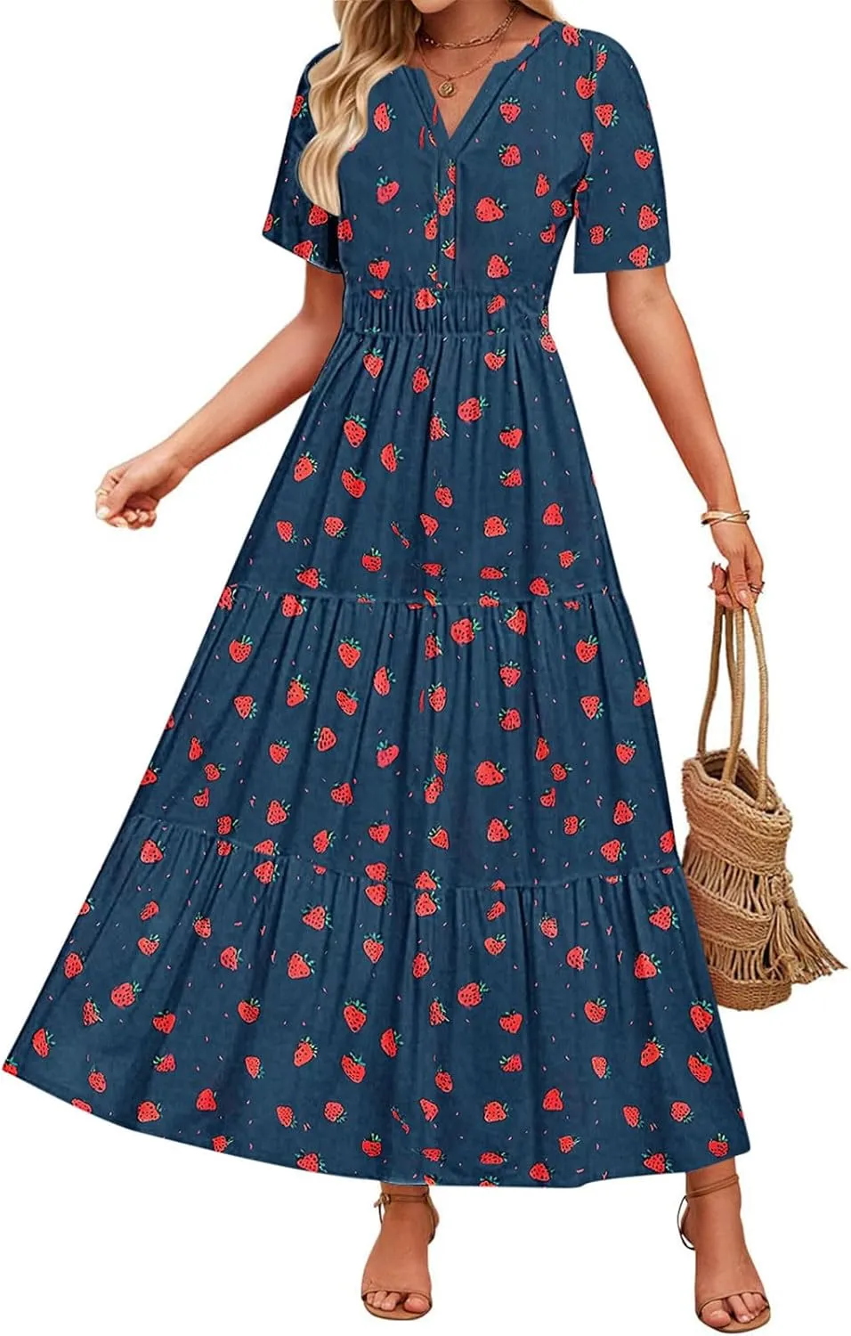 Womens Summer Floral Maxi Dress Boho Shoet Sleeve V Neck Elastic Waist A Line Elegant Flowy Dresses Vacation Clothes