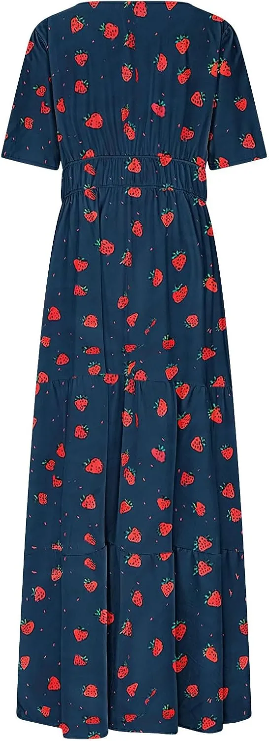Womens Summer Floral Maxi Dress Boho Shoet Sleeve V Neck Elastic Waist A Line Elegant Flowy Dresses Vacation Clothes
