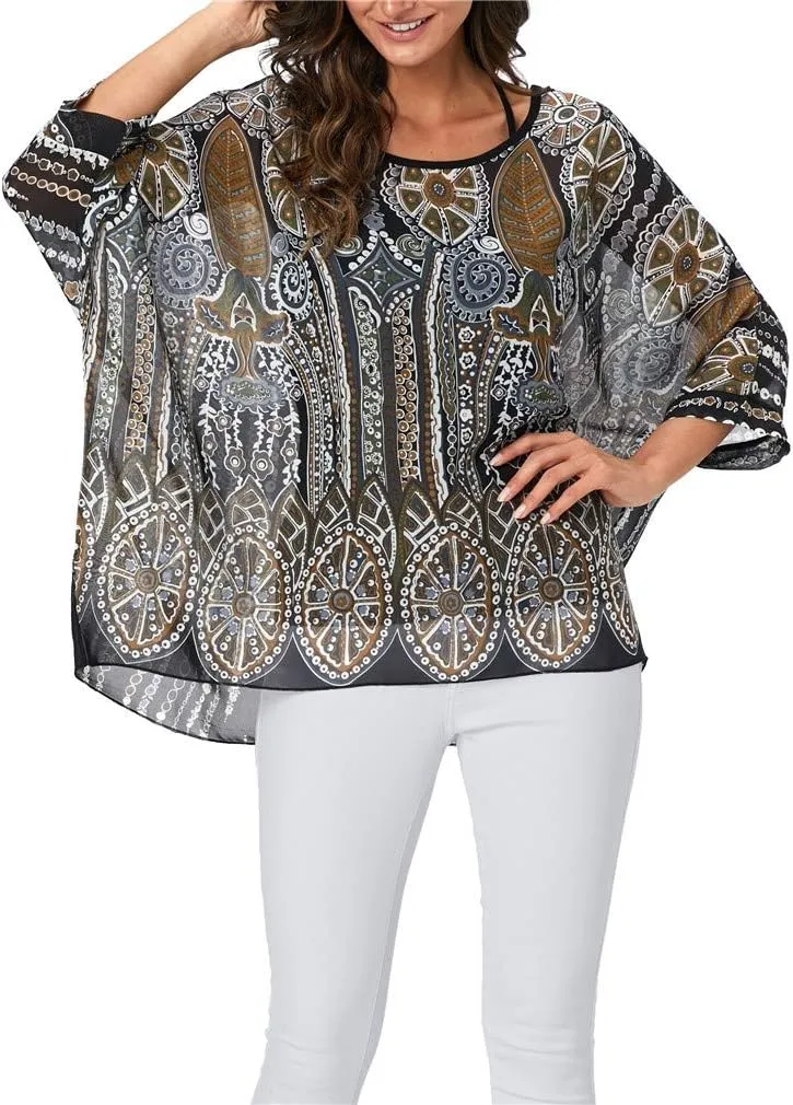 Womens Summer Printed Batwing Sleeve Top Chiffon Poncho Casual Loose Sheer Blouse Shirt