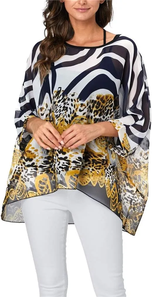 Womens Summer Printed Batwing Sleeve Top Chiffon Poncho Casual Loose Sheer Blouse Shirt